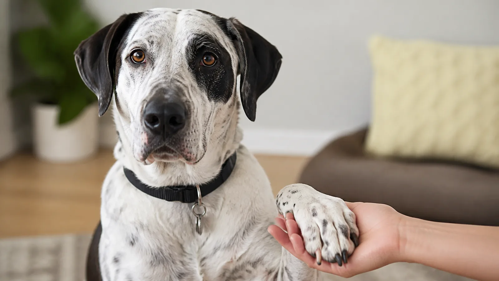 Spotted large breed mutt sitting comfortably indoors, calmly lifting a paw.