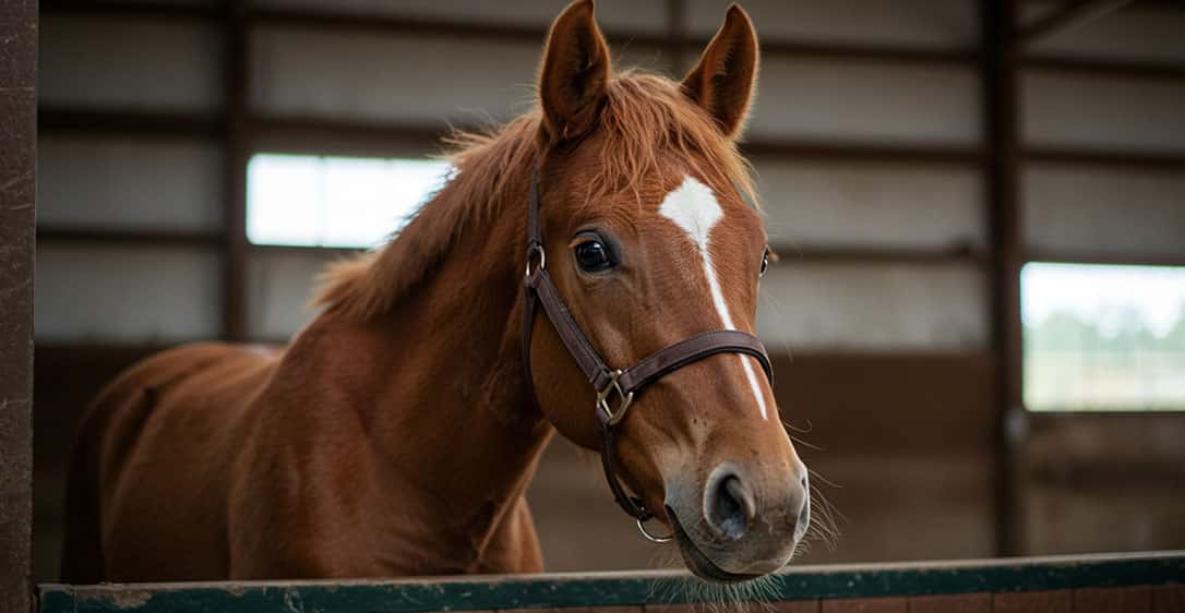 Close-up of a reddish-brown horse looking out from a stall, equine veterinary care