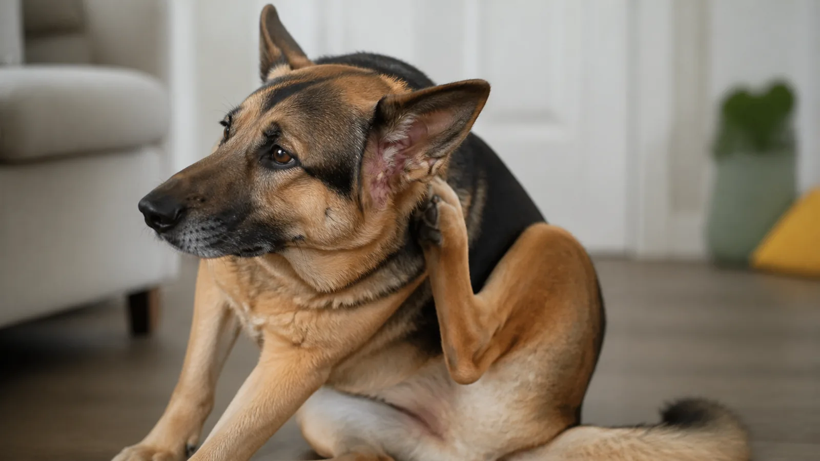German Shepherd sitting indoors, gently scratching its ear with a rear leg.