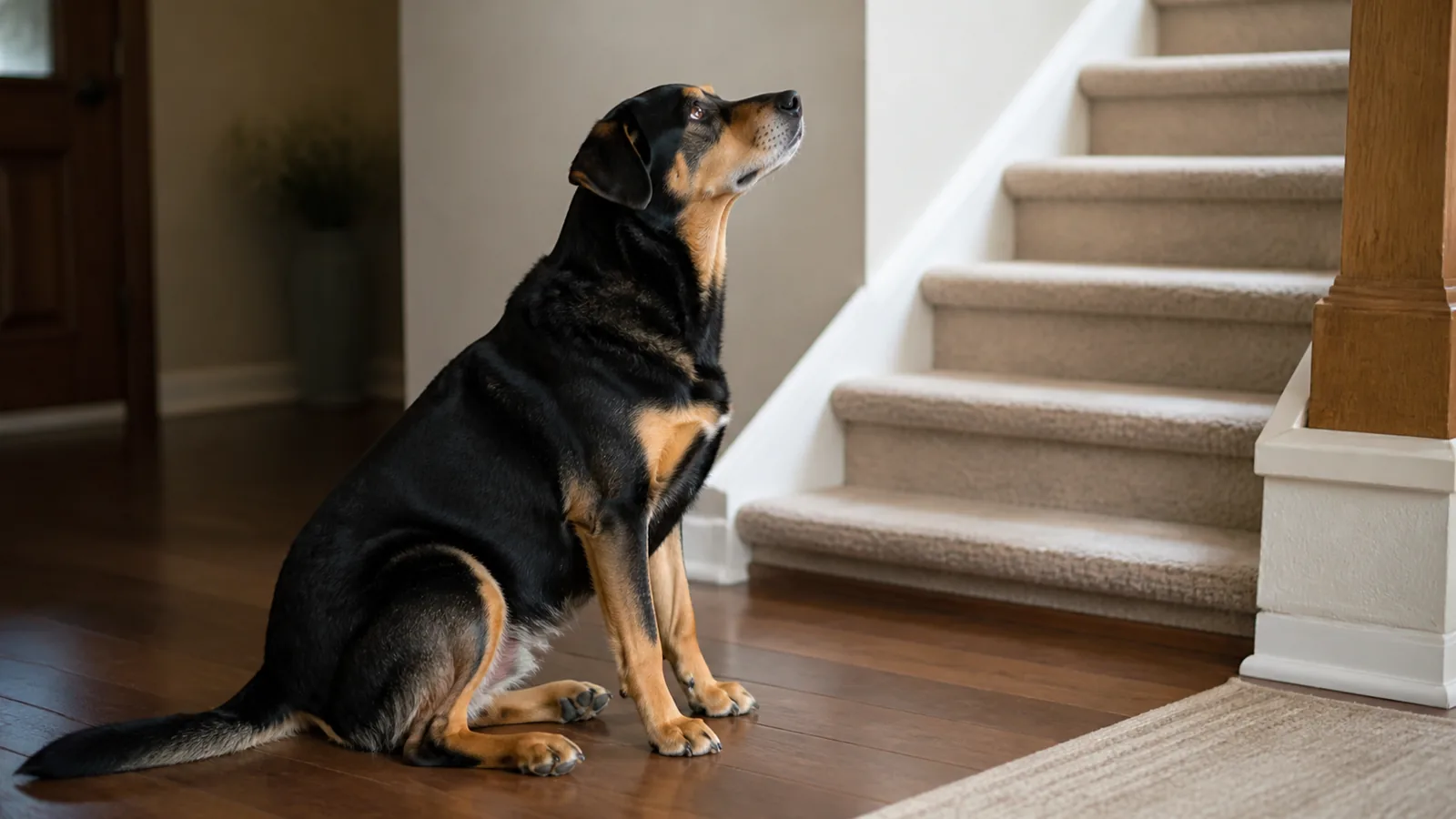 Large black and tan dog sitting indoors, looking up at the bottom of a set of stairs that it is having difficulty climbing.