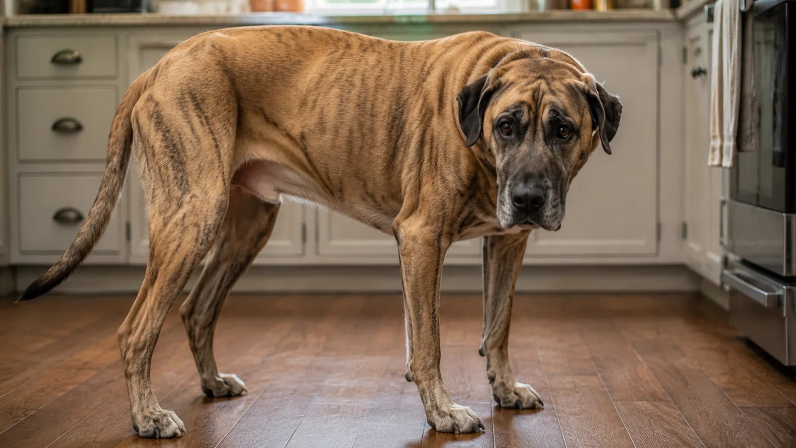 Large breed dog standing in a kitchen, looking uncomfortable.