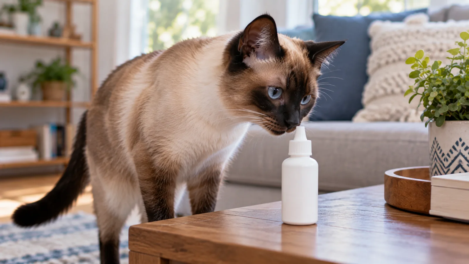 A Siamese cat on a wooden coffee table sniffs a small white dropper bottle in a living room.