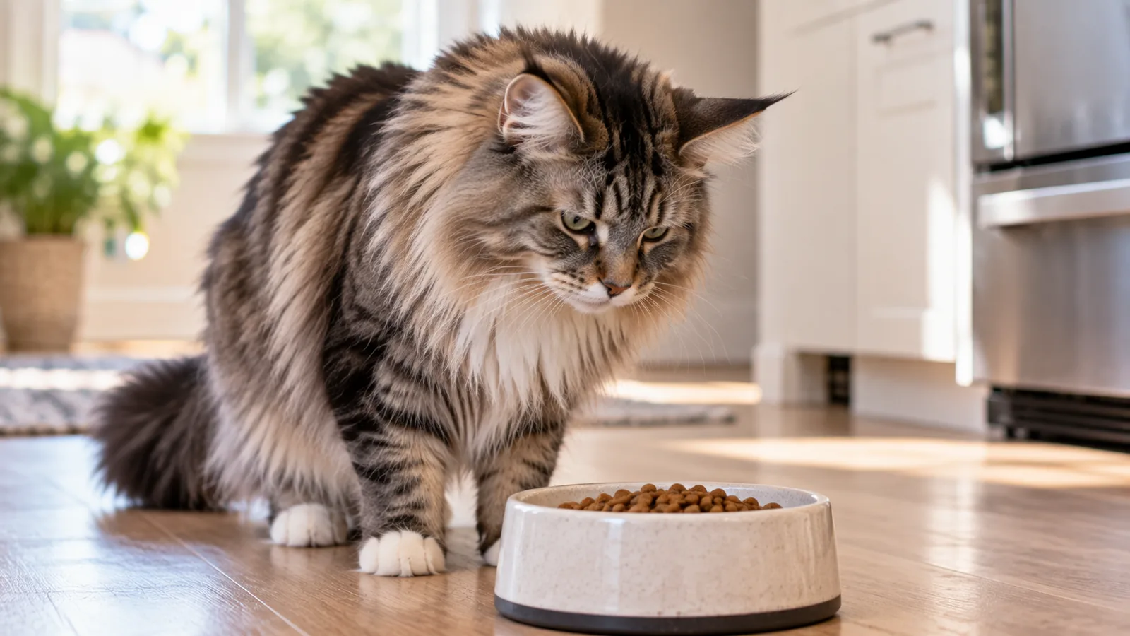 A long-haired tabby cat stands over a full bowl of dry food on a kitchen floor, looking down at it.